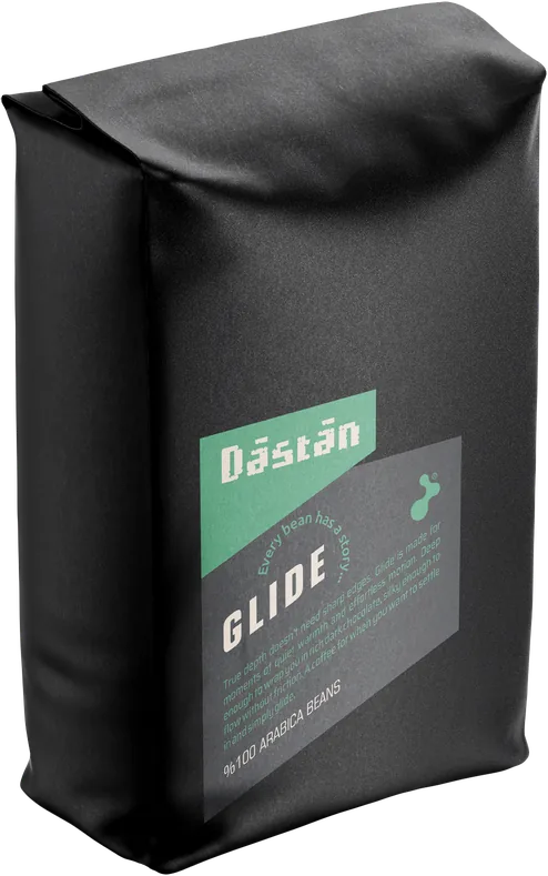 Black Dāstān Glide coffee bag with a green label