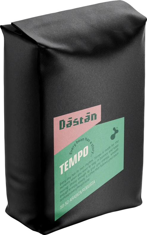 Black Dāstān Tempo coffee bag with a green label